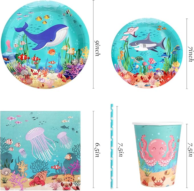 Recheel Under the Sea Birthday Party Supplies Decorations, Ocean Theme Paper Plates and Napkins Set for 24 Guests, 120 Pcs Disposable Sea Animals Party Dessert Dinnerwares