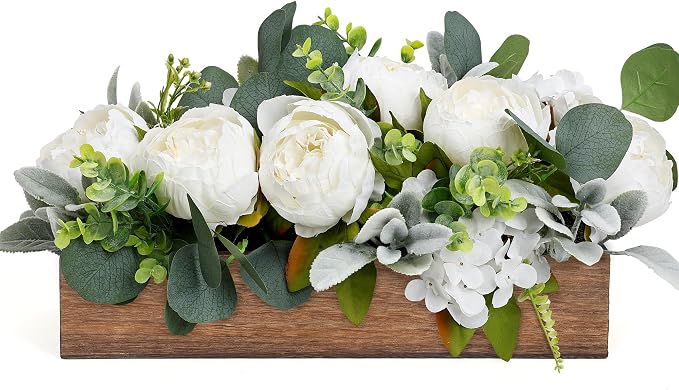 Pre-Made Flower Centerpieces for Table, Artificial Floral Centerpieces for Dining Table Wood Fake Peony Hydrangea Centerpiece for Wedding Living Room Party Bar Kitchen Table(White)