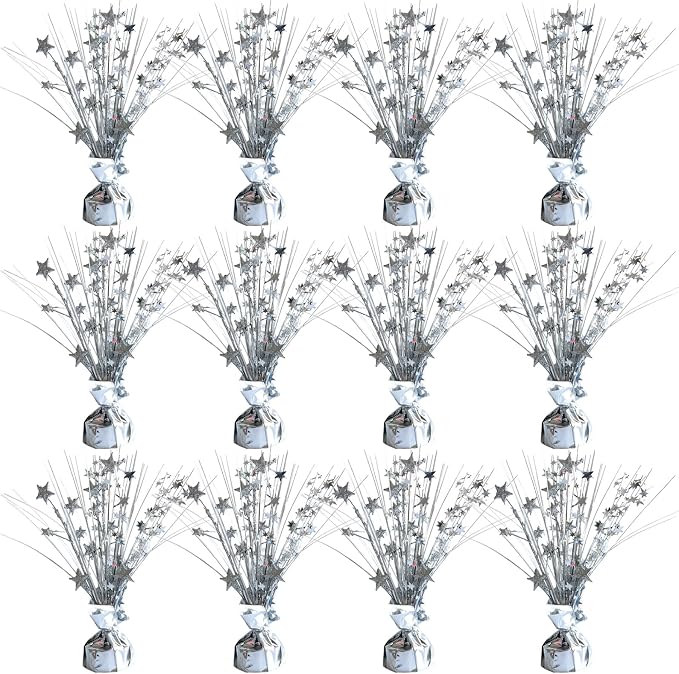 12 Pack Metallic Sliver Foil Spray Centerpieces Stars Brust Table Centerpieces for Wedding Birthday Anniversary Holiday Party Decor, Metallic Star Balloon Wights for Party, Decor for Party