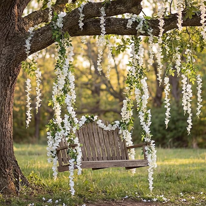 Suncalla 24 Pcs Wisteria Hanging Flowers Vines Fake Hanging Flowers Garland Artificial Wisteria Vines for Wedding Arch Party Home and Garden Decor Table Backdrop (White)