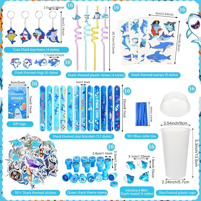 Qilery 195 Pcs 16 Guests Shark Birthday Party Favors for Kids Includes Plastic Cup with Lid Straw Keychain Bracelet Ring Stamper Stickers Tag for Party Favors Piñata Filling