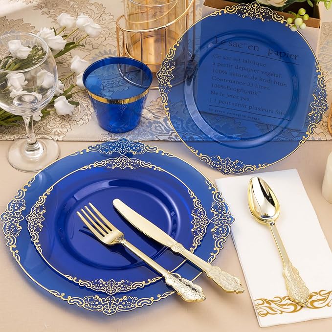Bestluck 350PCS Clear Blue Plastic Plates for 50 Guests, Disposable Plates with Gold Trim include 50 Dinner and Dessert Plates, 150 Gold Silverware, 50 Cups, 50 Napkins for Party, Wedding & Graduation