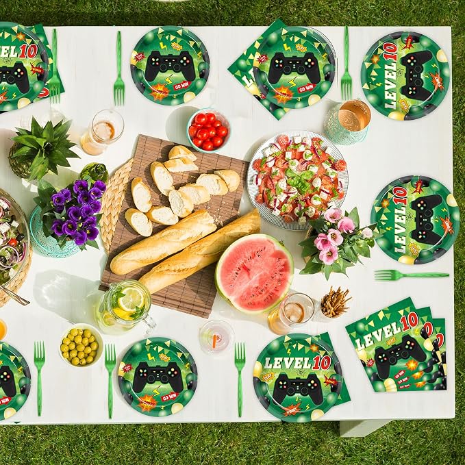 96Pcs 10th Birthday Video Game Party Decorations Green 10th Plates and Napkins Tableware Set Level 10 Dinnerware Party Supplies for Boys Gamer Gaming 10 Year Old Birthday Favors Serves 24 Guests