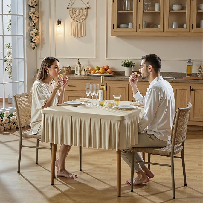 2 Pack Natural Spandex Tablecloths for 34x34 Inch Square Tables, Stretch Fitted Table Clothes with Pleated Ruffle Skirt for 34” Table, Wrinkle Free and Elastic, for Party Kitchen Home Dining
