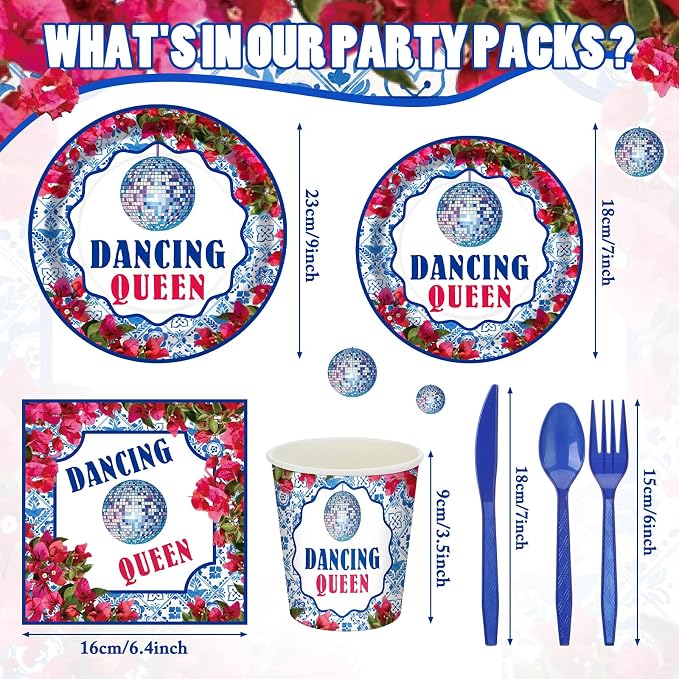 168 Pcs Dancing Queen Party Decorations Retro Disco Birthday Party Supplies Queen 17th Paper Plates Napkins 70s Disco Bachelorette Decor Blue Tiles Rose Red Floral Tableware Set Serves 24