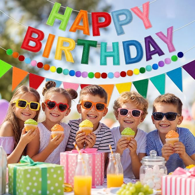 Happy Birthday Banner Set, Pre-Strung 3D Felt Birthday Banner with Pom Pom Garland and Triangle Bunting, Reusable Colorful Birthday Decorations for Party Backdrop Decor