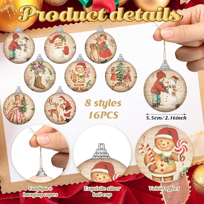 Outus 16 Pcs Christmas Tree Ball Ornaments Vintage Christmas Decorations for Tree Xmas Socks Gingerbread Decorative Hanging Ornaments for Farmhouse Home Fireplace Decoration Holiday Party Favors