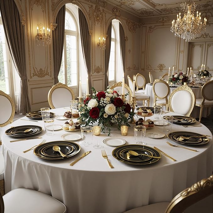 Fijinhom 350 Pieces Black & Gold Disposable Plates for 50 Guests, Disposable Plastic Plates, Dinnerware Set of 50 Dinner Plates, 50 Salad Plates,50 Cups and 50 Paper Napkins, for Party, Wedding