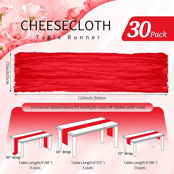 30 Pack Cheesecloth Table Runner 10FT Red Table Runner Boho Gauze Cheese Cloth Table Runners Long Rustic Sheer Table Decorations for Wedding Party Baby Bridal Shower Birthday Holiday Home
