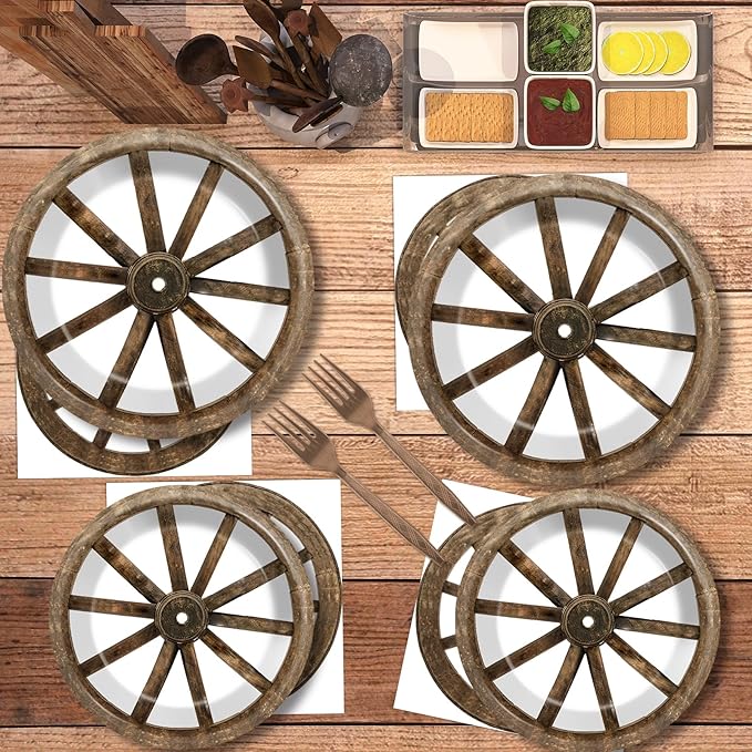 96Pcs Western Cowboy Party Paper Plates and Napkins for Western Party Supplies Wooden Wagon Wheels Themed Paper Dessert Plates Tableware Set for Kids Boys 24 Guests Birthday Party Decoration