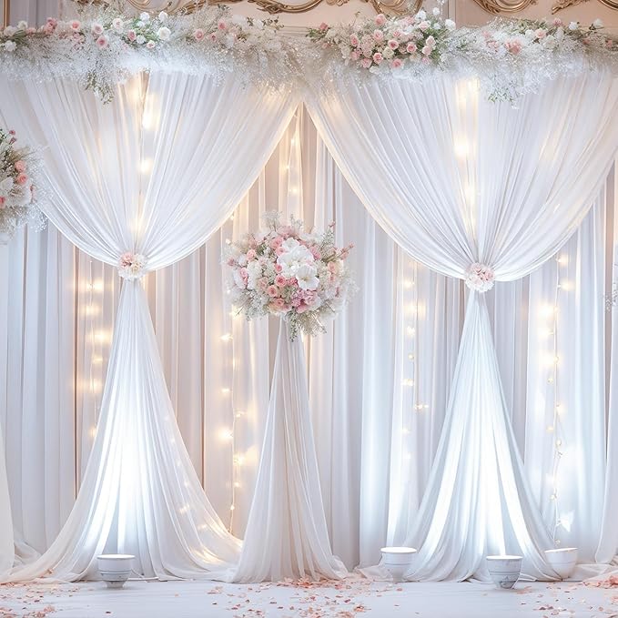 20x10ft White Backdrop Curtains with Lights Photo Drapes Wrinkle Free Fabric Backdrop Curtain for Wedding Birthday Party Baby Shower Bridal Shower Home Party Background Decorations
