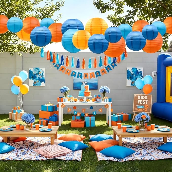 CC wonderland zone 12pcs Orange and Blue Paper Lanterns,Hanging Paper Lanterns for Bridal Shower Rustic Boho Birthday Wedding Home Decor Party Decoration