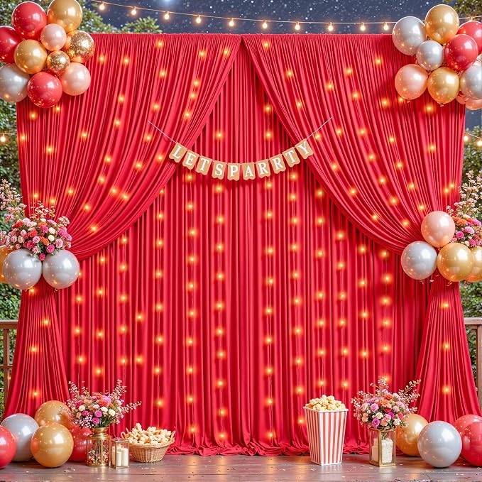 2 Panels Red Backdrop Curtains - Wrinkle Free Fabric Backdrop Curtain for Photoshoot, 10FT Wedding Party Photo Backdrop Drapes for Birthday Baby Shower Photography Stage Background Decorations