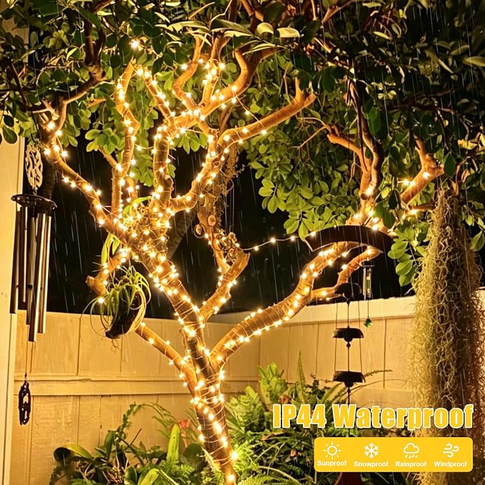 YEGUO 4 Pack Warm White Solar Fairy Lights, Each 33ft 100 LED Christmas Lights Outdoor Waterproof, 8 Modes Sliver Wire Solar String Lights