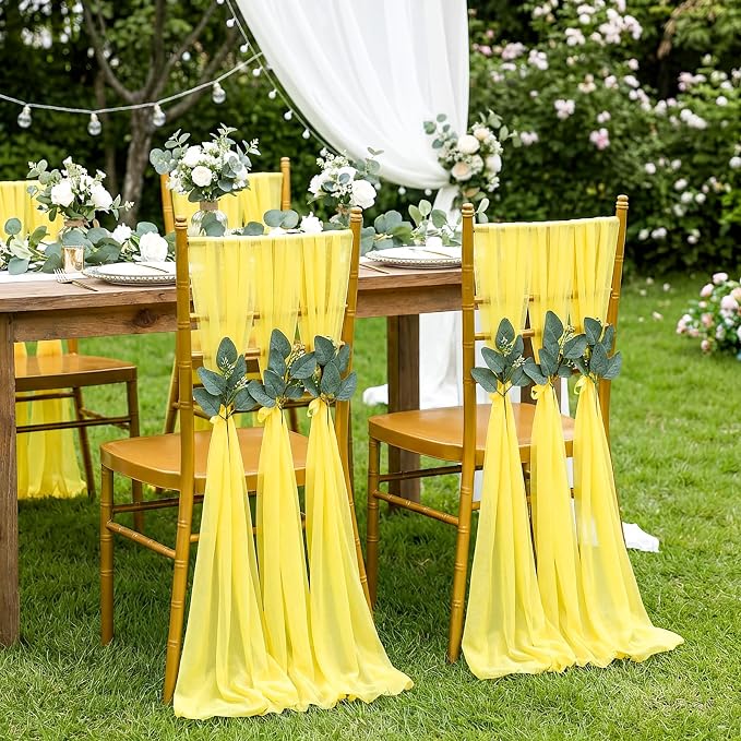 Yellow Chair Sashes Wedding Aisle Decorations: 50 Packs 8ft Long Draping Fabric Sheer Church Chair Cover Bulk for Party Banquet
