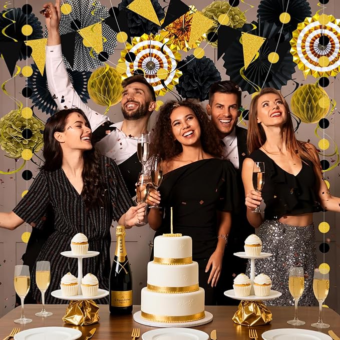 24 Pcs Black and Gold Party Decorations, Paper Fans Honeycomb Pom Poms Pennant Garland, Reusable Hanging Supplies for 2026 Graduation Birthday New Year Wedding Anniversary