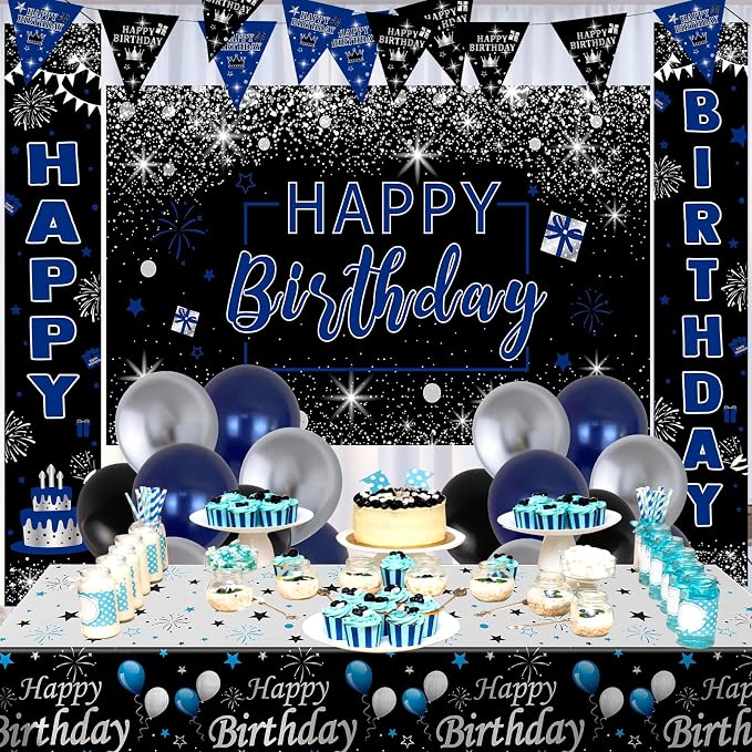 Black and Blue Birthday Party Decorations for Boys Men Women Girls | Balloon Supplies with Happy Birthday Backdrop Banner Tablecloth Confetti Balloons Arch