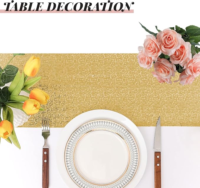 Sugargirl 10 Packs 12 x 72 inches Sequin Table Runner, Glitter Gold Table Runner for Birthday Party Supplies Wedding Holiday Celebration Event Decorations