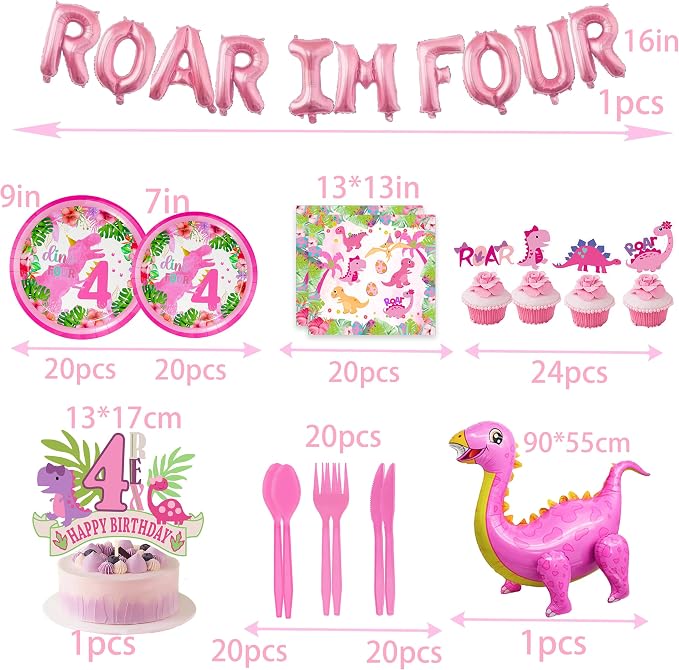 Dinosaur 4th Birthday Decorations for Girls,Roar Im Four Birthday Decoration，Roar Im 4 Pink Dinosaur Party Decor Supplies include Backdrop, Banner, Plates
