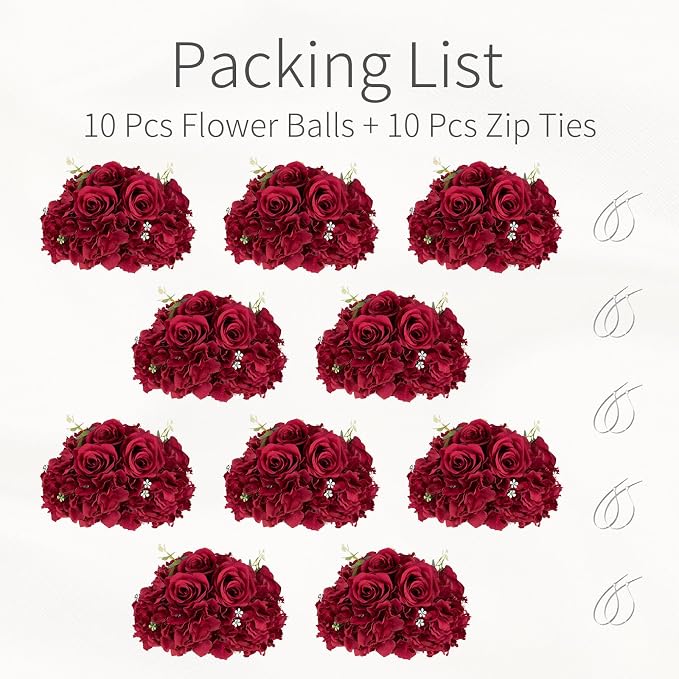 Red Roses Flowers Balls for Centerpieces: 10 PCS 11.8" Diam Flower Centerpieces for Tables in Wedding Reception Decorations Arrangement for Party Celebration Planners