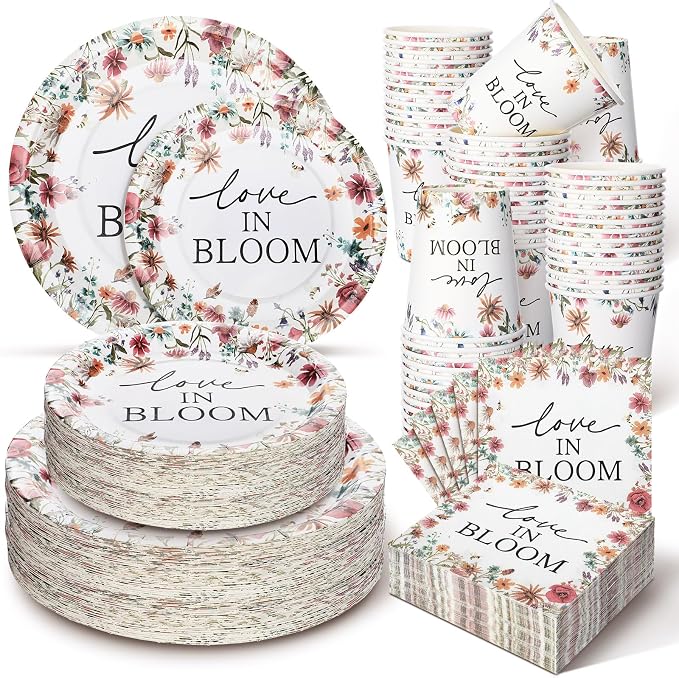 Zhehao 250 Pcs Love in Bloom Bridal Shower Plates Napkins Sets 50 Pcs 9'' Floral Dinner Plates 50 7'' Dessert Plate and 9oz Cups 100 Napkins Wedding Engagement Party Supplies Bridal Shower Decoration