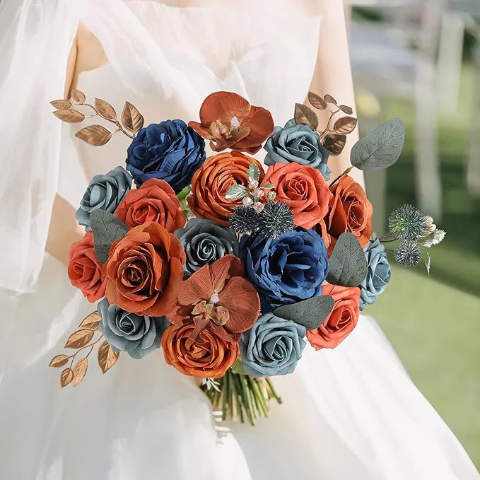Garisey Artificial Flowers Combo for DIY Wedding Bouquets Combo Centerpieces Arrangements Party Bridal Baby Shower Home Decorations-Teal&Terracotta