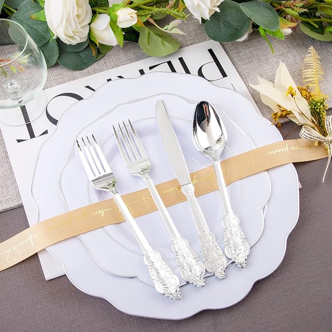 NOCCUR 175pcs Silver Plastic Plates - Silver Rim Plastic Tableware Include 25 Dinner/Dessert Plates, 25 Forks, 25 Knives, 25 Spoons for Wedding/Party