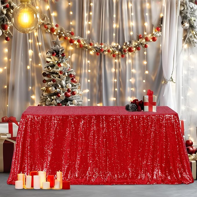 Poise3EHome Red Sequin Tablecloth 50×72 Inch Rectangle Sparkly Fabric Table Cover Overlay for Birthday Wedding Christmas Party Holiday Baby Shower Decoration