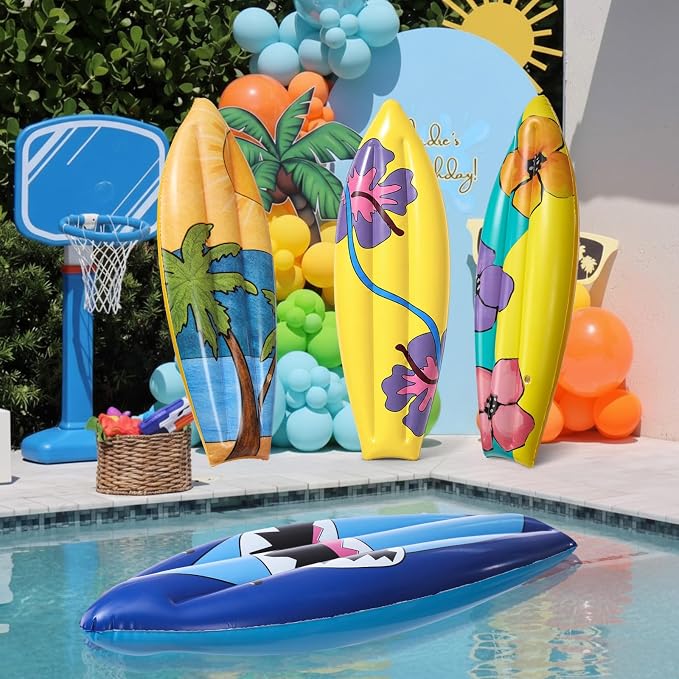 JellyArch 4 Pcs Hawaiian Inflatable Surf Board 36 Inch Inflatable Luau Hawaiian Pool Party Decorations Frangipani Tropical Blow up Surfboard Pool Float Palm Tree for Wall Birthday Beach Party Decor