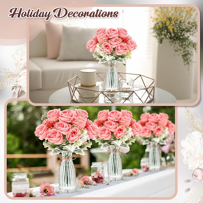 Zeyune 36 Pack Artificial Flowers Centerpiece with Vase Bulk for Wedding Table 24 Bundles Silk Floral Faux Rose Bouquet with 12 Plastic Vase for Bridal Shower Table Decor(Pink)