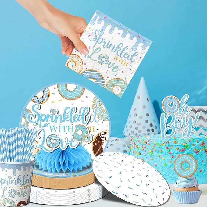 Baby Sprinkle Decorations for Boy,Blue Sprinkled with Love Party Plate,Napkin,Cup,Cake Topper Donut Baby Shower Decorations for Baby Boy Sprinkle Party Supplies Serves 24