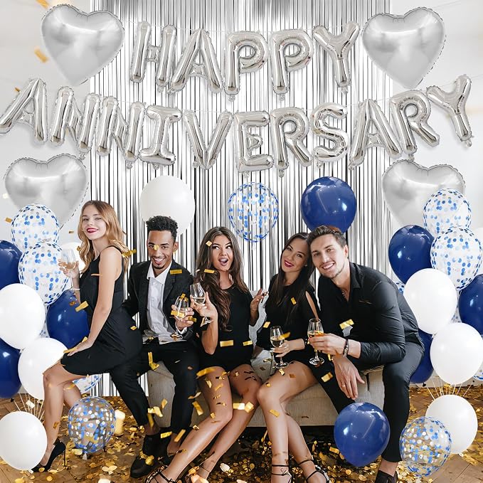 Anniversary Decorations Navy Blue Silver,Happy Anniversary Balloon Banner with Heart Foil Balloons Fringe Curtain for Wedding Party Valentine's Day Romantic Night Surprise