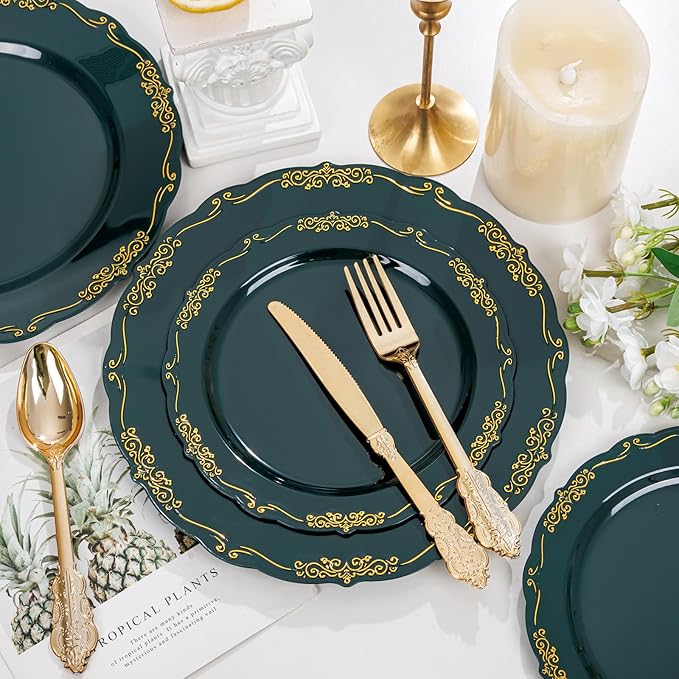 DaYammi 150Pcs Green Plastic Plates with Gold Silverware,Green Disposable Plates for Party include 30 Dinner Plate,30 Dessert Plate,90 Gold Plastic Cutlery,green gold plate for Party Dinner