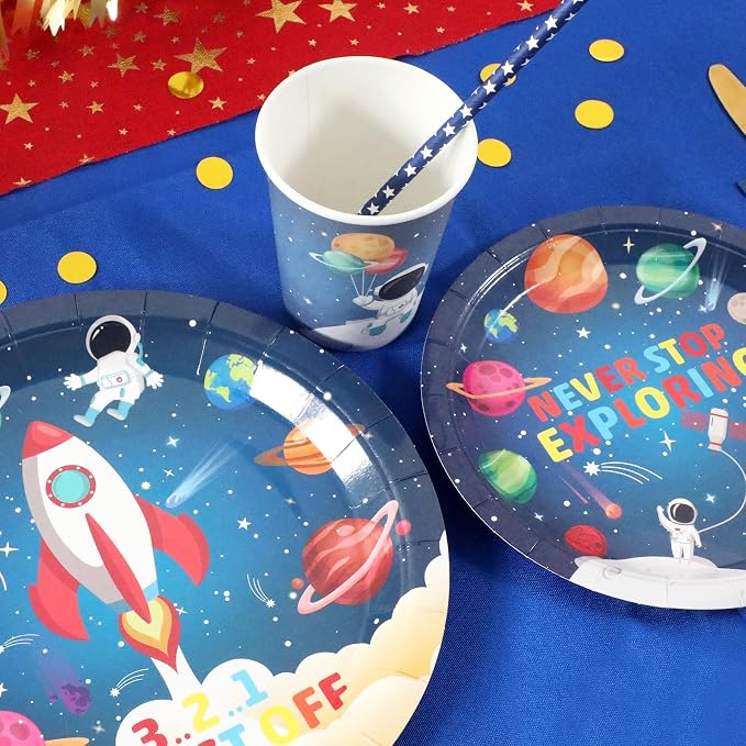 Recheel Space Birthday Party Supplies Decorations, Outer Space Theme Paper Plates and Napkins Set for 24 Guests, 120 Pcs Disposable Galaxy Party Dessert Dinnerware