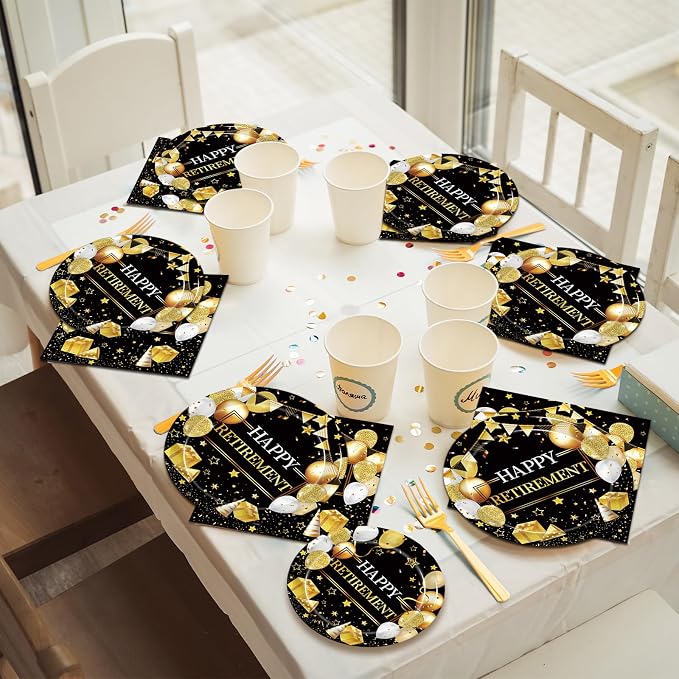 Kepeel 96 Pcs Retirement Party Plates and Napkins Set, Happy Retirement Party Supplies Decorations for Men Women Gold and Black Farewell Going Away Disposable Dinnerware Tableware Kit, Serves 24