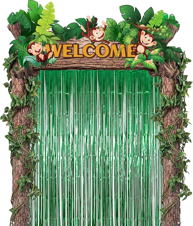 Peryiter 5 Pcs Rainforest Jungle Party Decorations Vbs 2026 Jungle Party Porch Banners Green Foil Fringe Backdrop Curtains Vbs 2026 Ceiling Hanging Decor for Sunday School Summer Birthday
