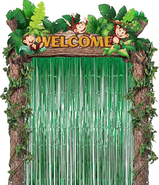 Peryiter 5 Pcs Rainforest Jungle Party Decorations Vbs 2026 Jungle Party Porch Banners Green Foil Fringe Backdrop Curtains Vbs 2026 Ceiling Hanging Decor for Sunday School Summer Birthday