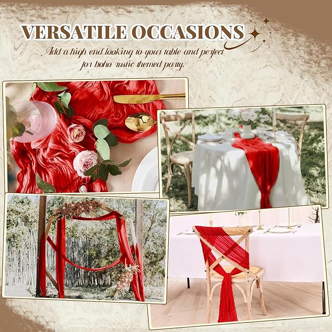 Pesonlook 12 Pack Cheesecloth Table Runner,Red Table Runner Long Romantic Semi Sheer Rustic Boho Gauze Table Runners for Wedding Bridal Shower Birthday Party Decorations(17.7×108 Inch)