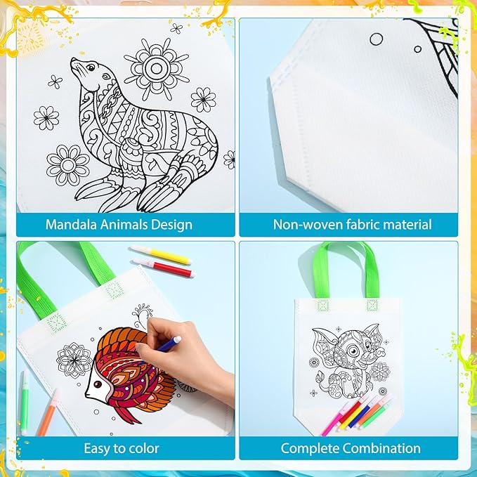 Pasimy 24 Pieces Mandala Animals Coloring Goodies Bags with 144 Makers Recycle Coloring Gifts Bags Color Your Own Totes for Kids DIY Painting Art Crafts Birthday Party Favors