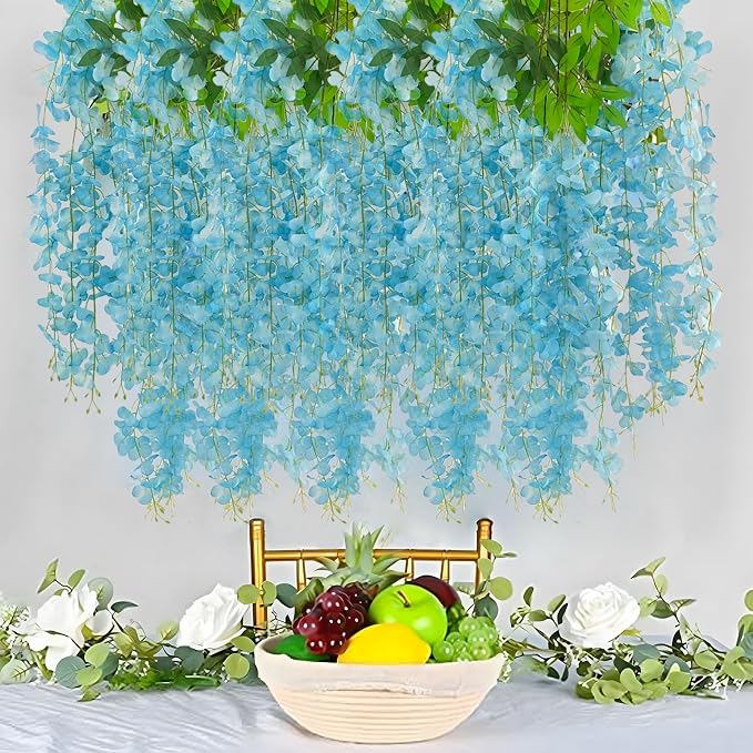 5 Pack Lake Blue Wisteria Hanging Flowers Garland, 3.77 Feet Artificial Flower Vines, Fake Wisteria, Artificial Vines Hanging Garland for Backdrop Outdoor Yard Garden Decor