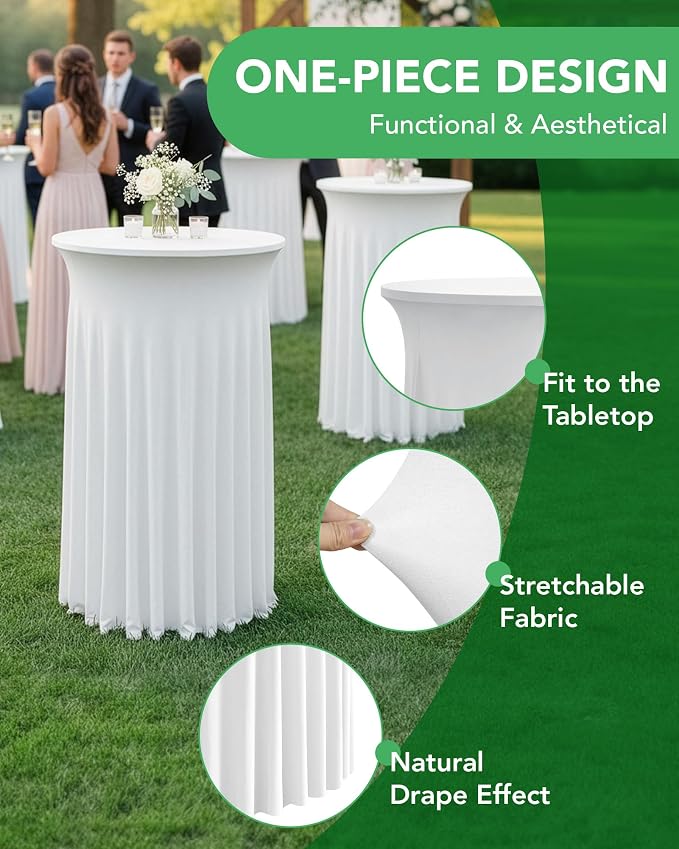 KeyWave Cocktail Table Tablecloth with Skirts - 32x43 Inch Wavy Spandex High Top Cocktail Table Covers, Ruffle Drape Highboy Tablecloth Reusable for Party Wedding Cake Standing Table, White, 6 Pack