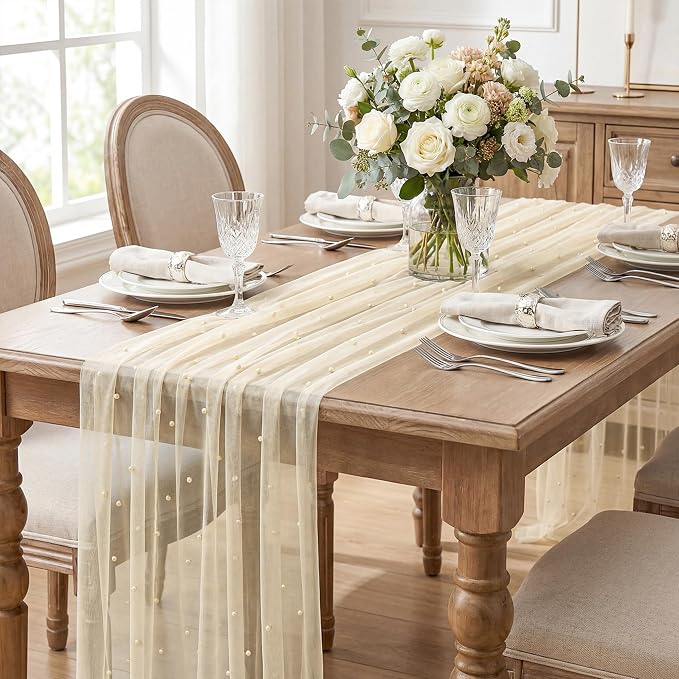 Artoid Mode 6PCS Pearl Champine Gauze Table Runner 120 Inch 10FT, Seasonal Sheer Dining Holiday Wedding Birthday Baby Shower Table Decor for Home Party