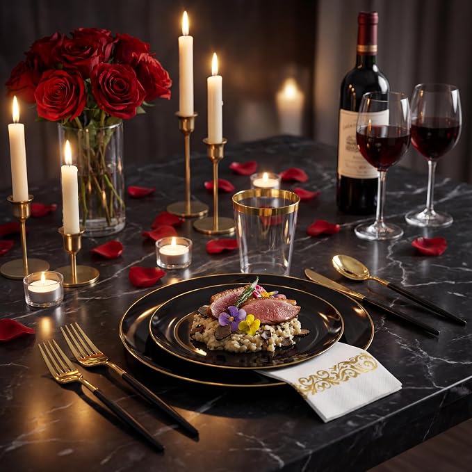 Supernal 350PCS Black and Gold Plastic Dinnerware Set (Serves 50 Guests) - Extra Heavyweight Black Plates with Premium White Handle Gold Utensils, Cups, Napkins for Graduation, Wedding Party