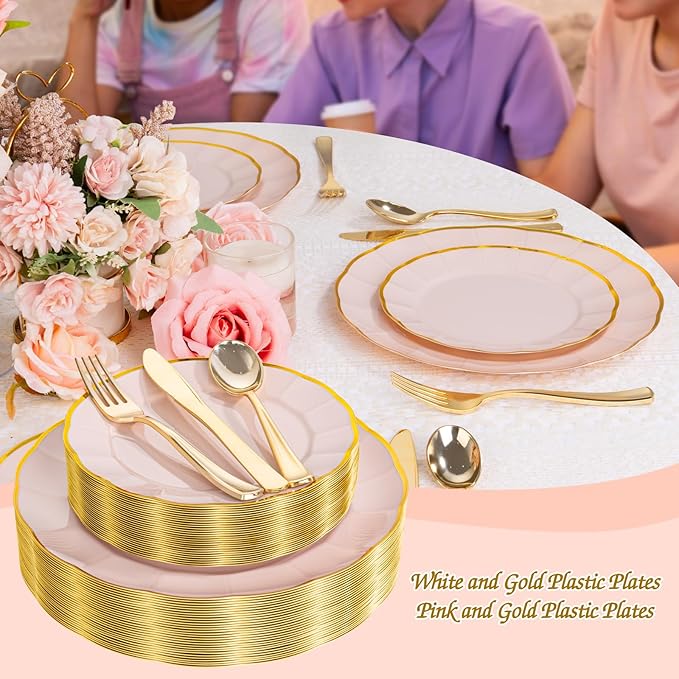 ejonirinjonir EI 150pcs Pink Plastic Plates with Gold Plastic Silverware,Pink Party Plates,Heavy Duty Plate Disposable,Gold Dinnerware Set for Birthday, Afternoon Tea,Wedding,Valentine's Day