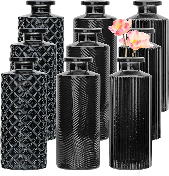 Glass Bud Vase Set in Bulk, 9pcs Mini Vintage Flower Vases for Wedding,Black Relief Vase for Centerpieces,Home Table Flower Decor, Party Decorations