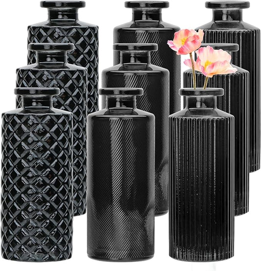Glass Bud Vase Set in Bulk, 9pcs Mini Vintage Flower Vases for Wedding,Black Relief Vase for Centerpieces,Home Table Flower Decor, Party Decorations