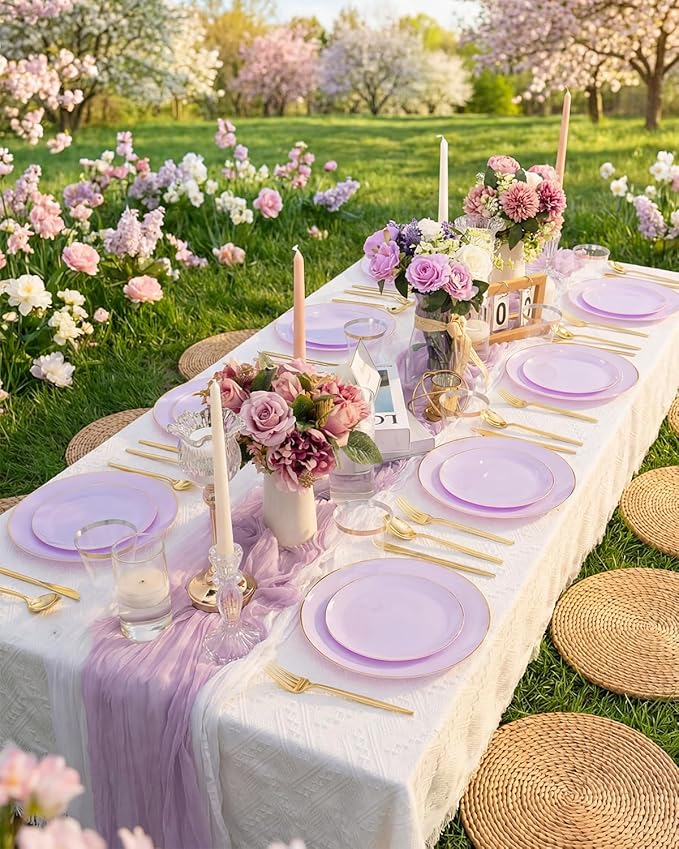bUCLA 150PCS Purple Plastic Plates - Light Purple and Gold Disposable - Include 25 Each (Dinner & Dessert) lavender Plates, 25 Knives, 25 Forks, 25 Spoons & 25 Cups for Party, Birthday & Wedding