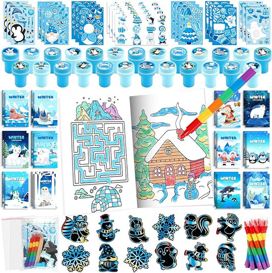BenLouis Winter Party Favors Set Holiday Themed Coloring Book Classroom Gift Prizes Bulk for Students Kids Christmas Frozen Birthday Goodie Bag Stuffers Pinata Filler (12Set Snowflake)