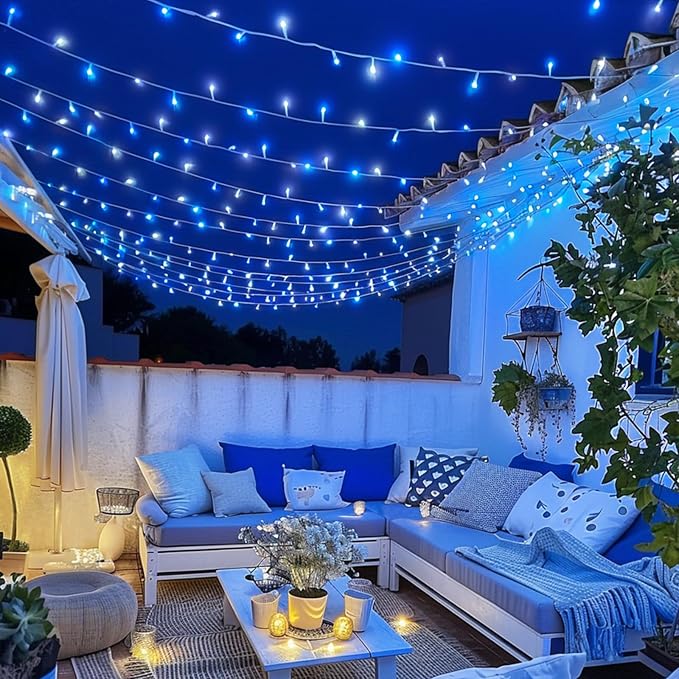 JMEXSUSS 400 LED Christmas Lights Indoor Outdoor, 132 ft 8 Modes Blue and White String Lights Plug in with Remore, Christmas Tree Lights for Bedroom Party Outside Patio Tree Holiday Xmas Decorations
