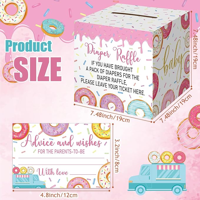Teling 51 Pieces Diaper Raffle Tickets with Card Box Baby Shower Decorations Baby Shower Holder Box for Girl Boy Diaper Raffle Party(Donut Infant Sprinkle Decorations)
